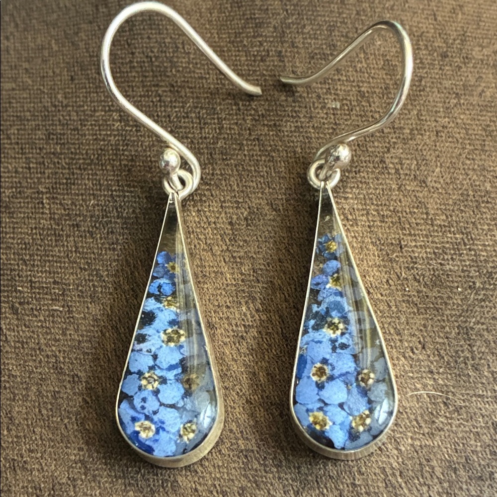 SALE NWOT Sterling Silver ATI 925 Blue Pressed Flower inside glass Drop Earrings
